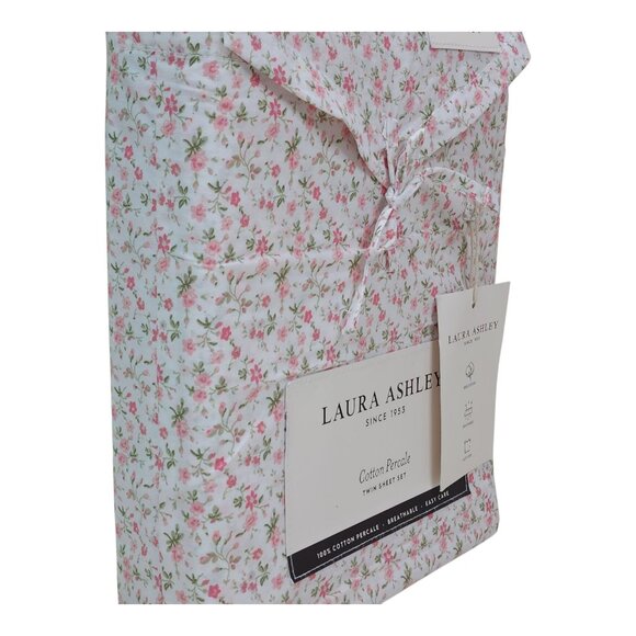Laura Ashley Twin Cotton Percale Floral Sheet Set Pink Green Flowers - Picture 2 of 8